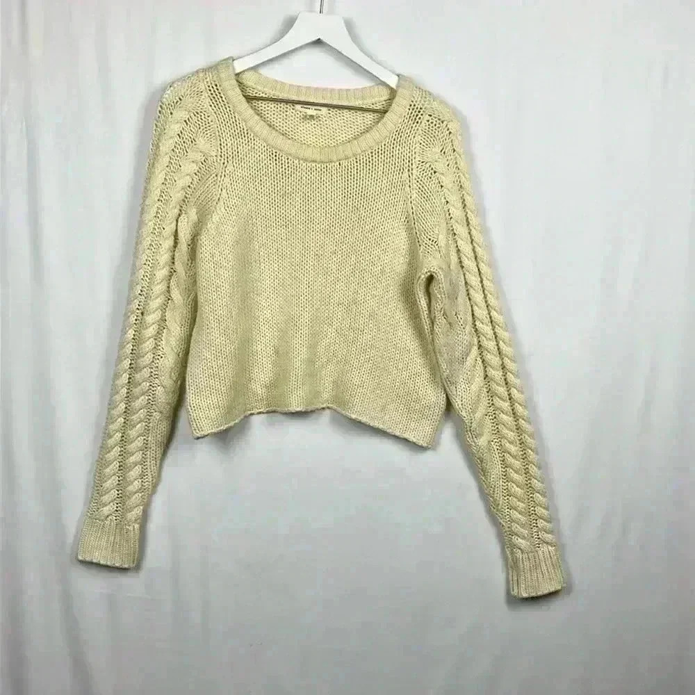 Silence & Noise Womens Sweater Cream M Cable Knit Sleeves Crop Pullover Casual - Picture 1 of 10